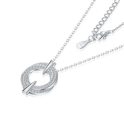 925 Sterling Silver Double Hoop Pendant Necklace - Elegant Round Zirconia Collarbone Chain