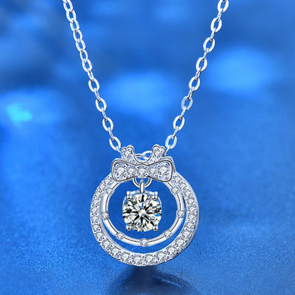 925 Sterling Silver Double Layer Bow Pendant Necklace with 0.5ct Moissanite & Cross Chains White Gold Plated Chic Jewelry
