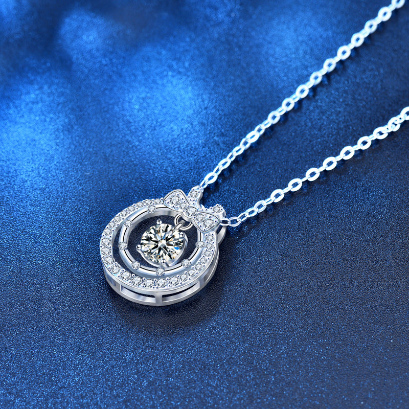 925 Sterling Silver Double Layer Bow Pendant Necklace with 0.5ct Moissanite & Cross Chains White Gold Plated Chic Jewelry