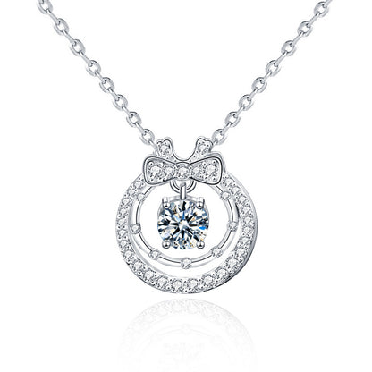 925 Sterling Silver Double Layer Bow Pendant Necklace with 0.5ct Moissanite & Cross Chains White Gold Plated Chic Jewelry