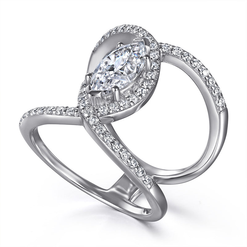 925 Sterling Silver Double Row Marquise Zircon Ring – Modern Twisted Band Design