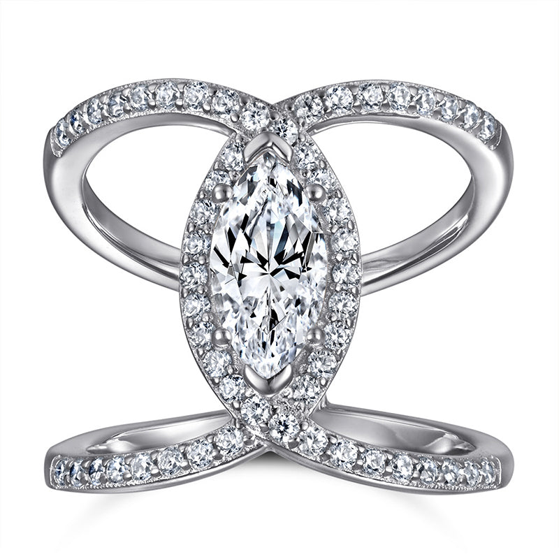 925 Sterling Silver Double Row Marquise Zircon Ring – Modern Twisted Band Design