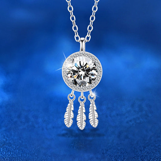 925 Sterling Silver Dreamcatcher Pendant Necklace with 1ct Moissanite Classic Chain Women's Premium White Gold Plated Jewelry