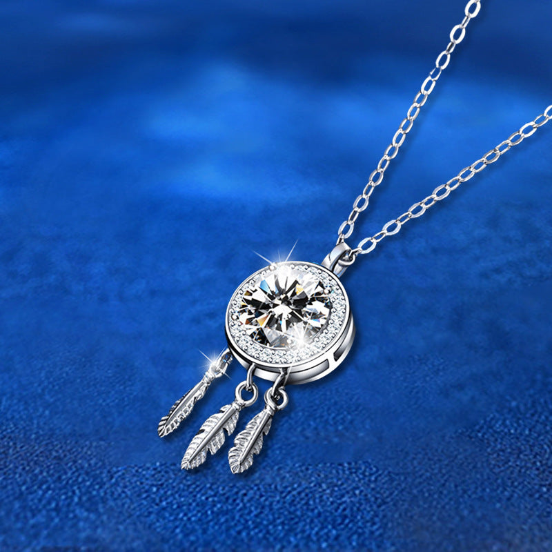 925 Sterling Silver Dreamcatcher Pendant Necklace with 1ct Moissanite Classic Chain Women's Premium White Gold Plated Jewelry