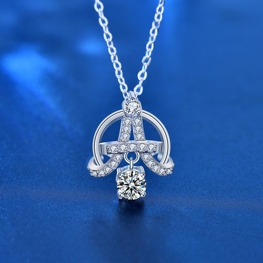 925 Sterling Silver Eiffel Tower Pendant Necklace with 0.5ct Moissanite & Adjustable Cross Chain