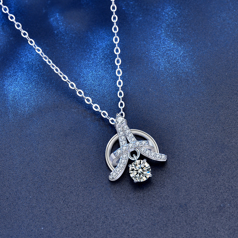 925 Sterling Silver Eiffel Tower Pendant Necklace with 0.5ct Moissanite & Adjustable Cross Chain