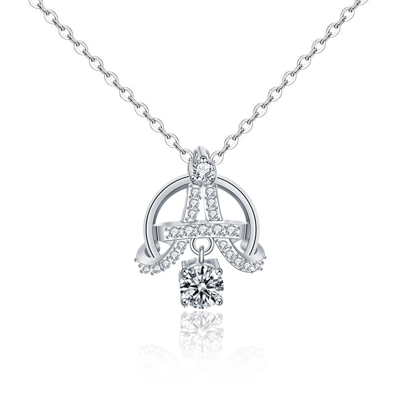 925 Sterling Silver Eiffel Tower Pendant Necklace with 0.5ct Moissanite & Adjustable Cross Chain