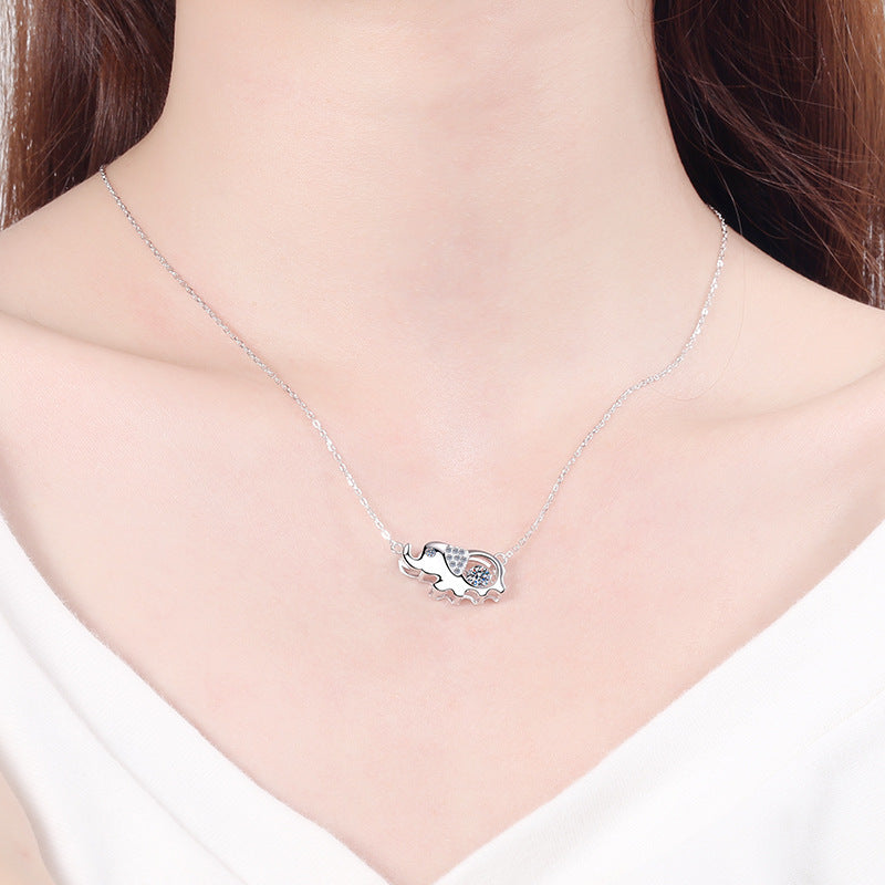 925 Sterling Silver Elephant Pendant Necklace - 0.5CT Moissanite Playful Animal Chain