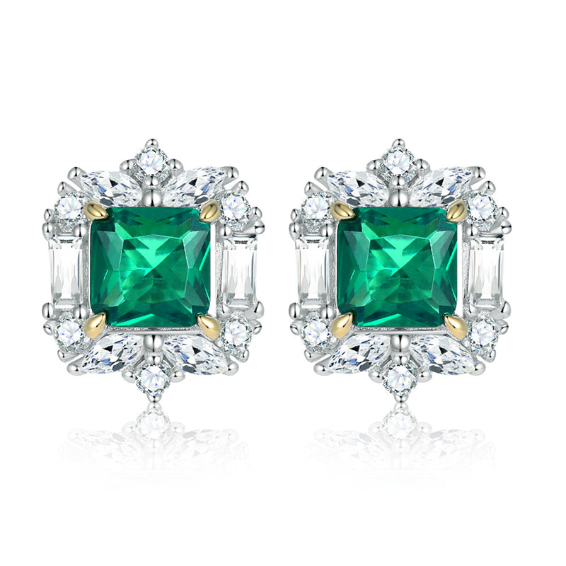 925 Sterling Silver Emerald Zircon Earrings for Women Elegant Geometric Floral Stud Earrings White Gold Plated