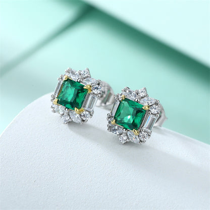 925 Sterling Silver Emerald Zircon Earrings for Women Elegant Geometric Floral Stud Earrings White Gold Plated