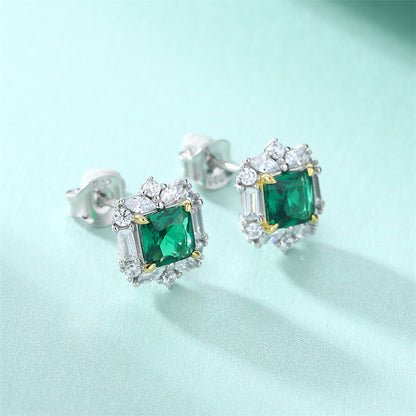 925 Sterling Silver Emerald Zircon Earrings for Women Elegant Geometric Floral Stud Earrings White Gold Plated