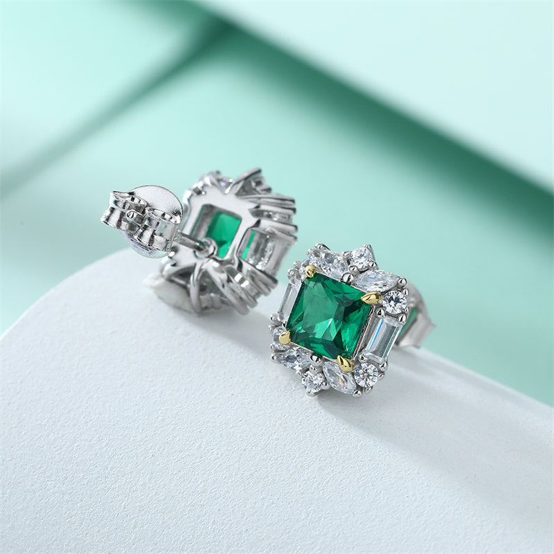 925 Sterling Silver Emerald Zircon Earrings for Women Elegant Geometric Floral Stud Earrings White Gold Plated