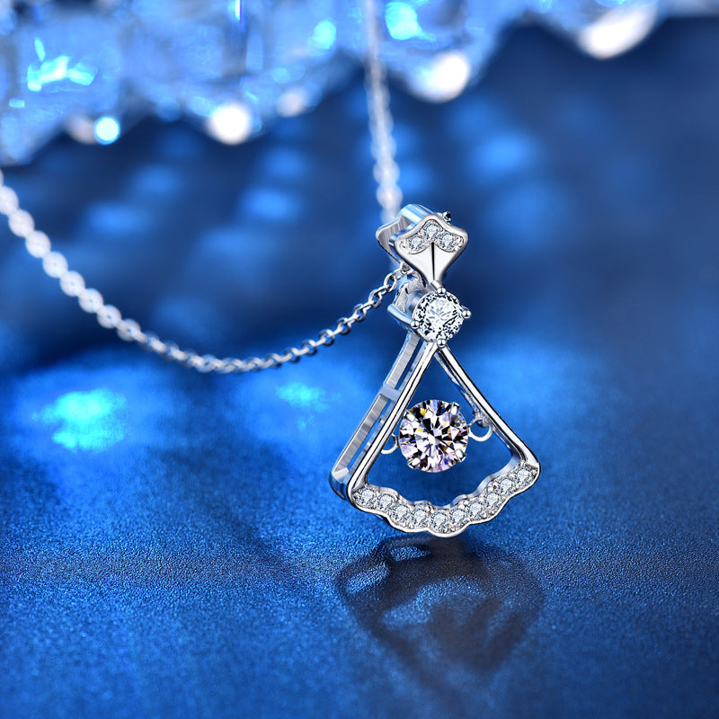 925 Sterling Silver Fan Pendant Necklace with 0.5ct D Color Moissanite and Zircon Cross Chain Women's White Gold Plated Jewelry