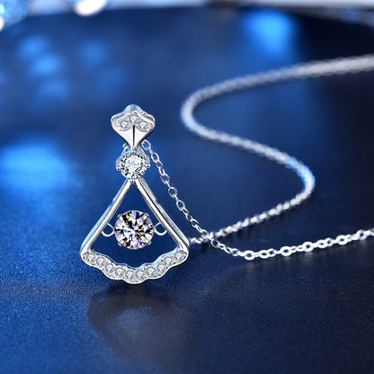 925 Sterling Silver Fan Pendant Necklace with 0.5ct D Color Moissanite and Zircon Cross Chain Women's White Gold Plated Jewelry