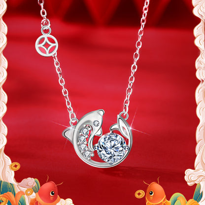 925 Sterling Silver Fish Pendant Necklace with 1ct Moissanite Cross Chain Women's White Gold Plated Jewelry