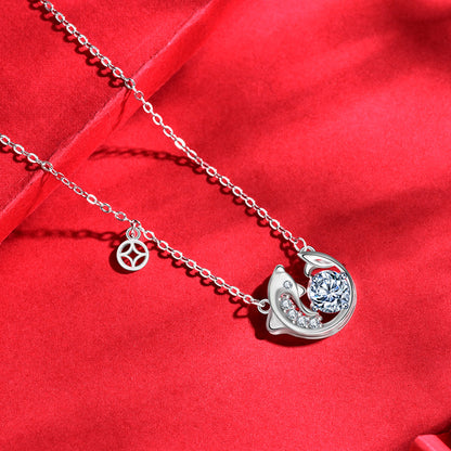 925 Sterling Silver Fish Pendant Necklace with 1ct Moissanite Cross Chain Women's White Gold Plated Jewelry
