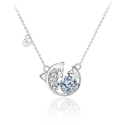 925 Sterling Silver Fish Pendant Necklace with 1ct Moissanite Cross Chain Women's White Gold Plated Jewelry