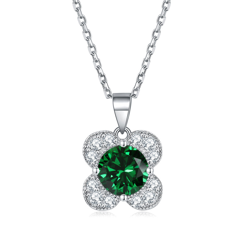 925 Sterling Silver Floral Birthstone Pendant Necklace - Four-Leaf Clover Charm Jewelry