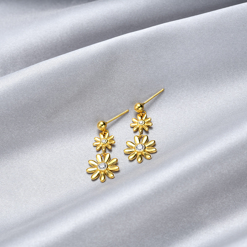 925 Sterling Silver Floral Geometric Drop Earrings with Cubic Zirconia - Korean Style Dangle Earrings with Plastic Backs