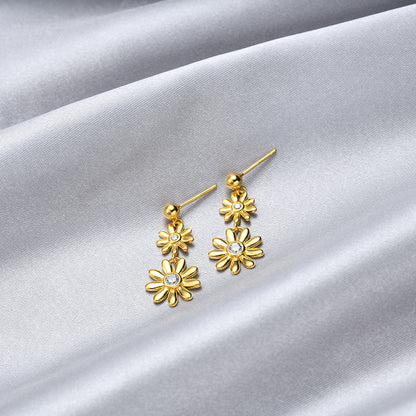 925 Sterling Silver Floral Geometric Drop Earrings with Cubic Zirconia - Korean Style Dangle Earrings with Plastic Backs