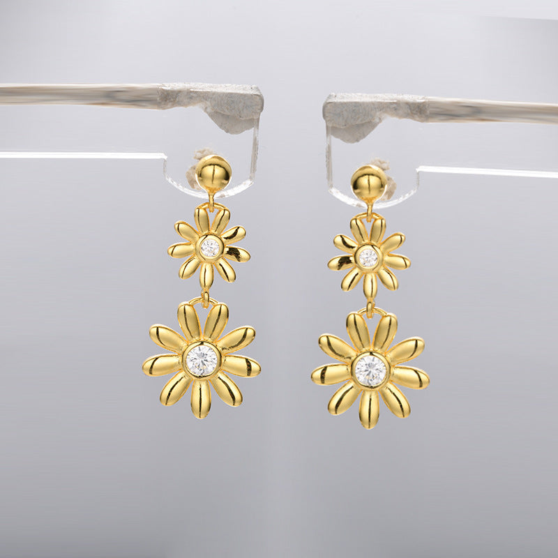 925 Sterling Silver Floral Geometric Drop Earrings with Cubic Zirconia - Korean Style Dangle Earrings with Plastic Backs