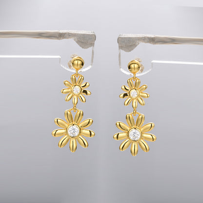 925 Sterling Silver Floral Geometric Drop Earrings with Cubic Zirconia - Korean Style Dangle Earrings with Plastic Backs