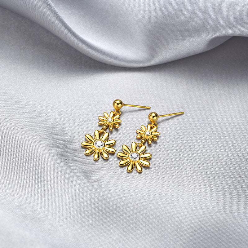 925 Sterling Silver Floral Geometric Drop Earrings with Cubic Zirconia - Korean Style Dangle Earrings with Plastic Backs