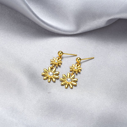 925 Sterling Silver Floral Geometric Drop Earrings with Cubic Zirconia - Korean Style Dangle Earrings with Plastic Backs