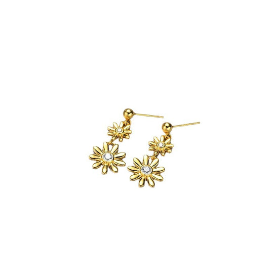 925 Sterling Silver Floral Geometric Drop Earrings with Cubic Zirconia - Korean Style Dangle Earrings with Plastic Backs