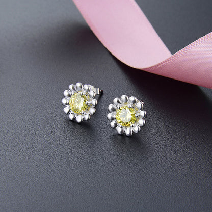 925 Sterling Silver Floral Geometric Stud Earrings with Zircon - Korean Style Fashion Earrings