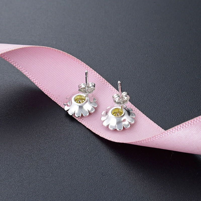 925 Sterling Silver Floral Geometric Stud Earrings with Zircon - Korean Style Fashion Earrings