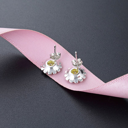 925 Sterling Silver Floral Geometric Stud Earrings with Zircon - Korean Style Fashion Earrings