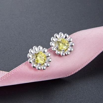 925 Sterling Silver Floral Geometric Stud Earrings with Zircon - Korean Style Fashion Earrings