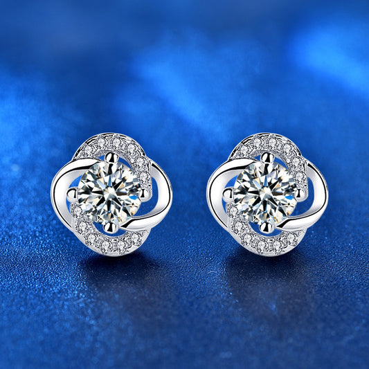 925 Sterling Silver Floral Leaf Geometric Stud Earrings with White Green Champagne Moissanite Elegant Everyday Jewelry for Women