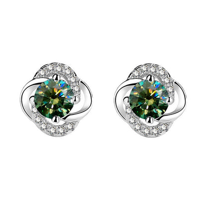 925 Sterling Silver Floral Leaf Geometric Stud Earrings with White Green Champagne Moissanite Elegant Everyday Jewelry for Women