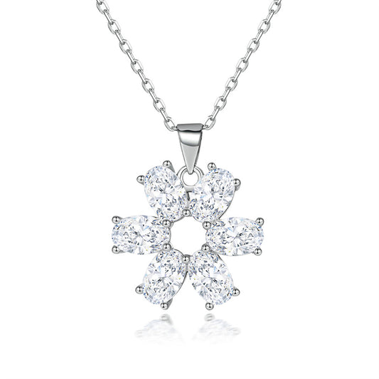 925 Sterling Silver Floral Pendant Necklace - Elegant Oval Zircon Blossom Jewelry