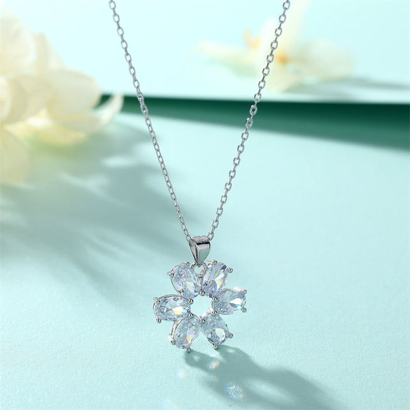 925 Sterling Silver Floral Pendant Necklace - Elegant Oval Zircon Blossom Jewelry