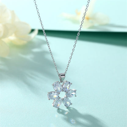 925 Sterling Silver Floral Pendant Necklace - Elegant Oval Zircon Blossom Jewelry