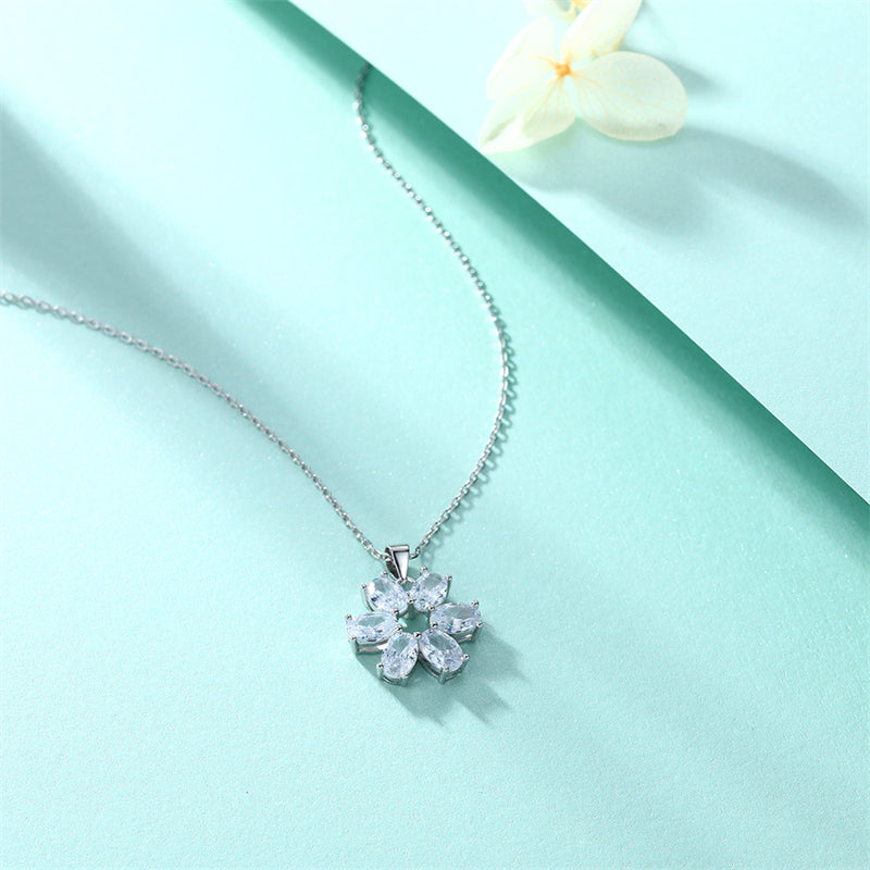 925 Sterling Silver Floral Pendant Necklace - Elegant Oval Zircon Blossom Jewelry