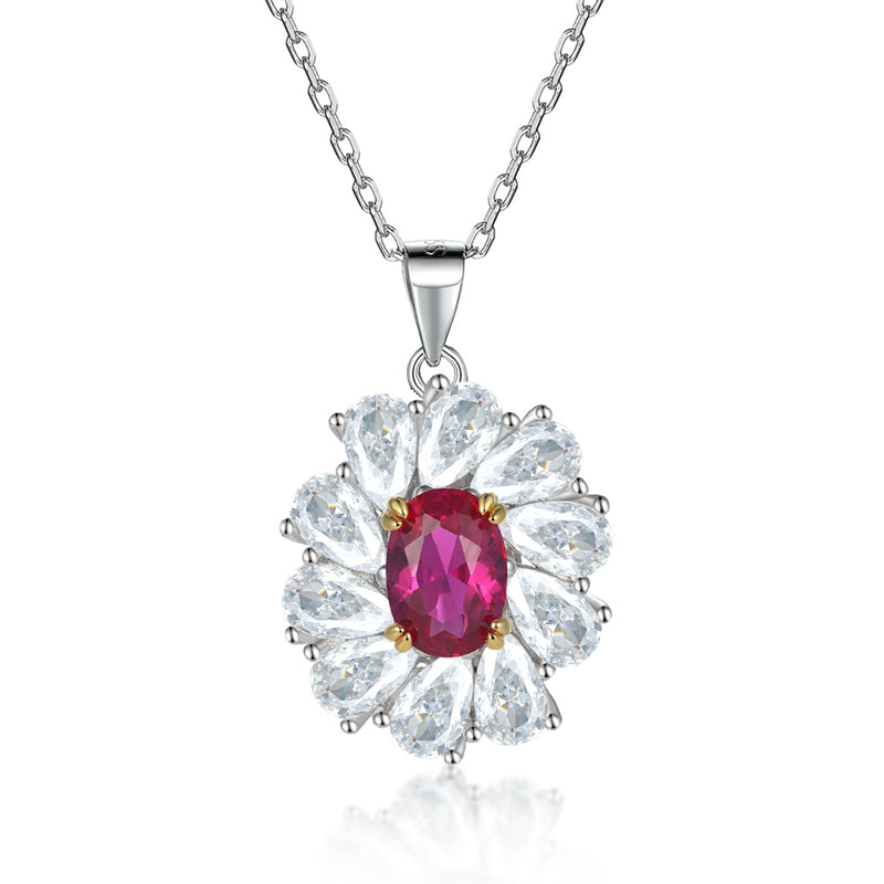 925 Sterling Silver Floral Pendant Necklace - Elegant Red Zirconia Blossom Collarbone Chain