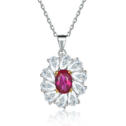 925 Sterling Silver Floral Pendant Necklace - Elegant Red Zirconia Blossom Collarbone Chain