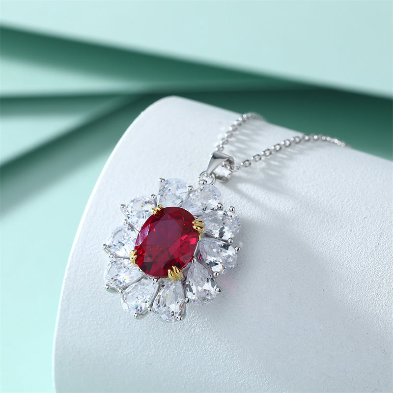 925 Sterling Silver Floral Pendant Necklace - Elegant Red Zirconia Blossom Collarbone Chain