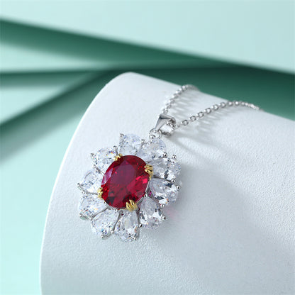 925 Sterling Silver Floral Pendant Necklace - Elegant Red Zirconia Blossom Collarbone Chain
