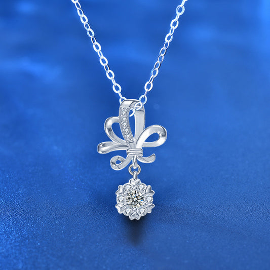 925 Sterling Silver Floral Pendant Necklace with 0.1ct Moissanite & Cross Chain - Korean Japanese Style Dainty Jewelry
