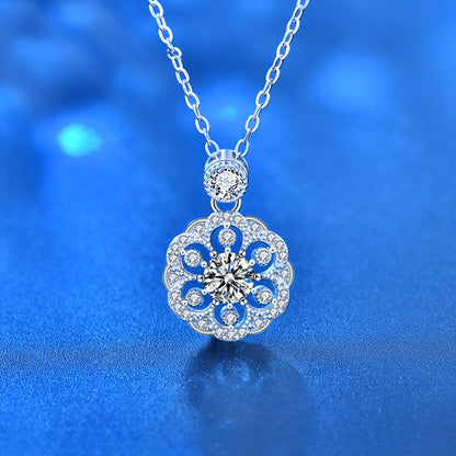 925 Sterling Silver Floral Pendant Necklace with 0.5ct Moissanite Micro-Pavé Cross Chain Women's Unique Boho Jewelry