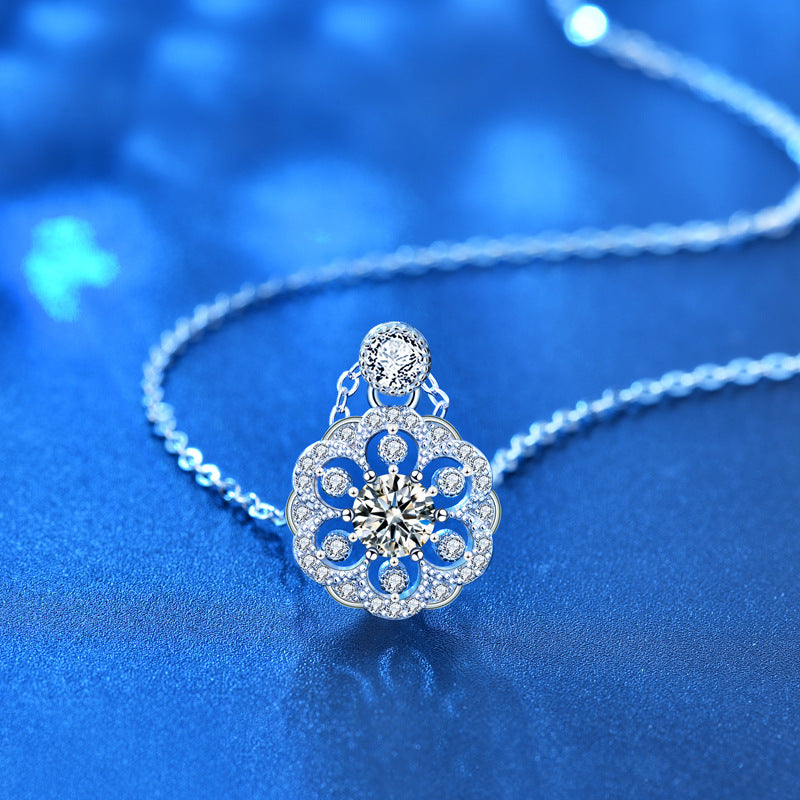 925 Sterling Silver Floral Pendant Necklace with 0.5ct Moissanite Micro-Pavé Cross Chain Women's Unique Boho Jewelry