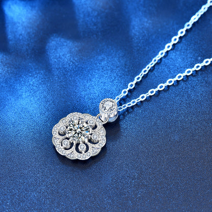 925 Sterling Silver Floral Pendant Necklace with 0.5ct Moissanite Micro-Pavé Cross Chain Women's Unique Boho Jewelry