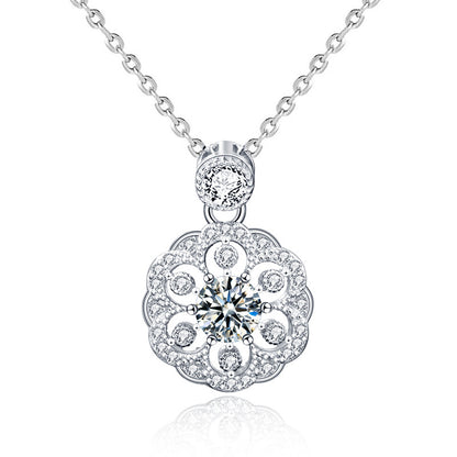 925 Sterling Silver Floral Pendant Necklace with 0.5ct Moissanite Micro-Pavé Cross Chain Women's Unique Boho Jewelry