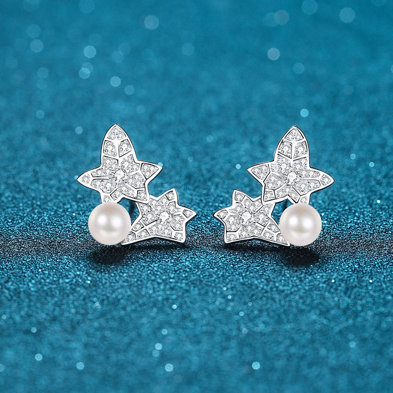 925 Sterling Silver Floral Star Stud Earrings - 0.68ct Moissanite & 6-7mm Pearls
