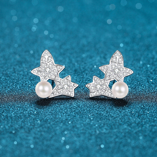 925 Sterling Silver Floral Star Stud Earrings - 0.68ct Moissanite & 6-7mm Pearls